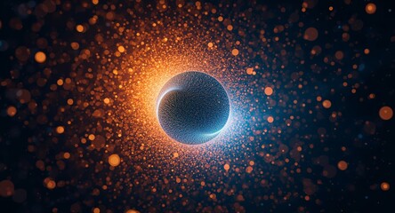 Abstract Digital Art. Sphere surrounded by Bokeh Lights, Glowing Particles.
