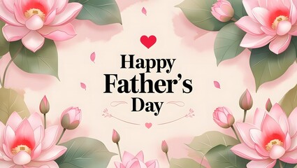 Heartfelt Happy Father's Day greeting card design adorned with beautiful pink lotus flowers and lush green leaves, expressing love and appreciation for dads on their special day with a warm message.