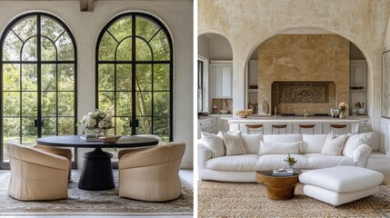 A spacious interior design showcasing a dining area and living room with a neutral color palette, large arched windows, and a modern kitchen.