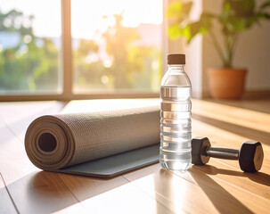 Home workout and healthy lifestyle concept. Fitness equipment including a yoga mat, dumbbells, and a water bottle ready for exercise in a modern apartment with a city view at sunrise.