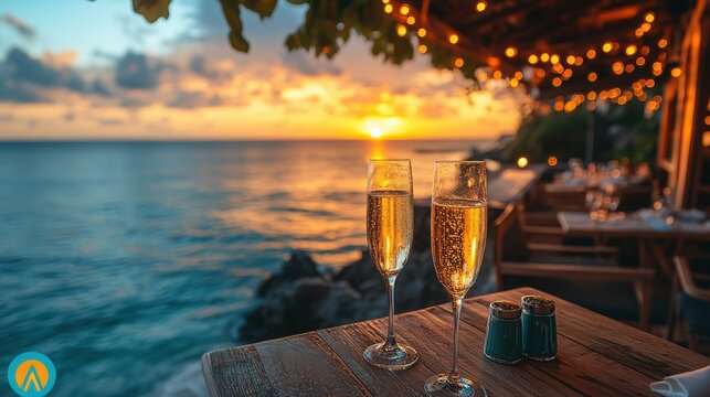 Romantic beach view with two sparkling glasses at sunset surrounded by soft lights