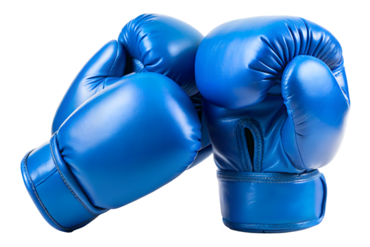 Pair of blue boxing gloves isolated on transparent background, used in combat sports and fitness training