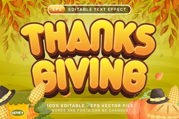 Happy Thanksgiving Editable Text Effect with Autumn Leaves and Harvest Elements Vector