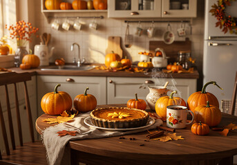 A cozy kitchen scene featuring a pumpkin pie, pumpkins, and autumn decorations.