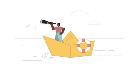 Search for new ideas, horizons, opportunities. Man standing on a paper boat and looking through a telescope. Vector flat illustration