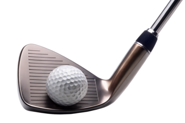 Golf ball on iron club isolated on transparent background, ready for a swing on the green course