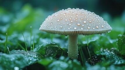 A white porcini mushroom emerges from moist forest ground, surrounded by vibrant greenery and droplets of water, reflecting the beauty of nature.