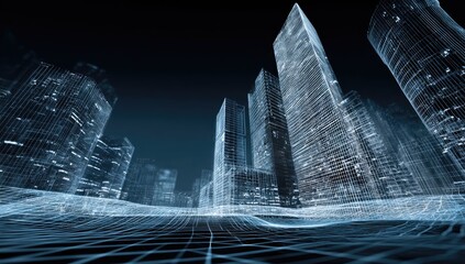 Futuristic city skyline with digital network