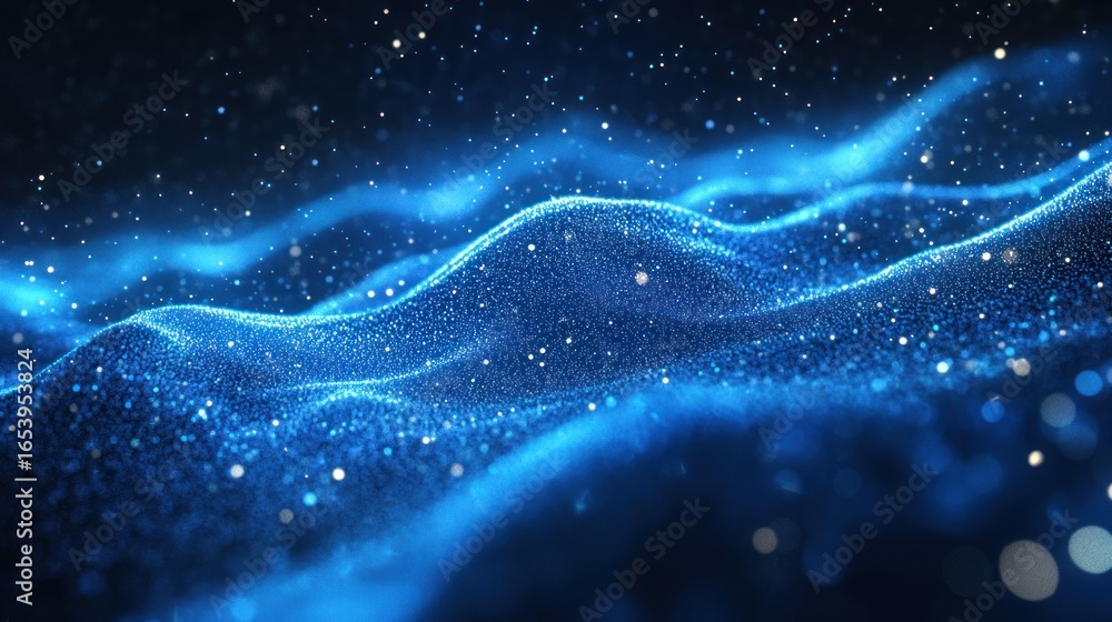 Aufkleber a deep blue digital landscape displays undulating waves of glittering particles, creating a mesmeriz