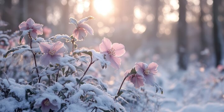 Frost covered hellebores blooming in winter forest. - Powered by Adobe