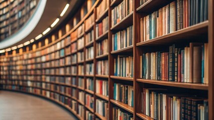 Close-up shot of novels and reference books on circular shelving — emphasizing library details