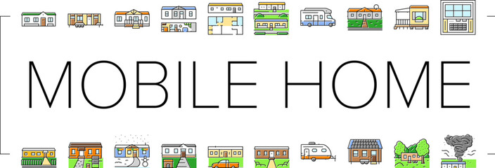 mobile home trailer, camper icons set vector