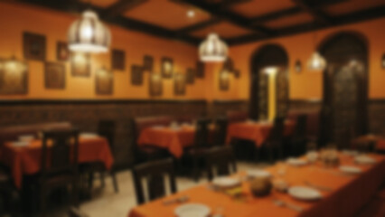 blurry image of traditional Indian restaurant interior made of aesthetic wood, blur wallpaper.