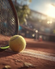Tennis Ball On Clay Court With Racket Under Sunlight