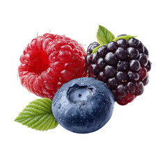 Mixed berries trio - raspberry, blueberry, blackberry, isolated on transparent background
