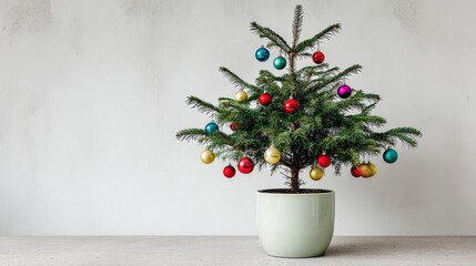 Fototapeta premium Small Christmas tree with many ornaments hanging from it. The tree is in a pot and is placed on a table