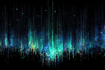 Abstract digital art display of teal and turquoise streaks with shimmering particles on black background