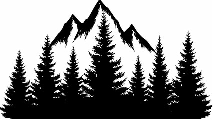 Obraz premium Silhouette of mountain peaks behind a dense forest of evergreen trees in a monochrome black and white scene