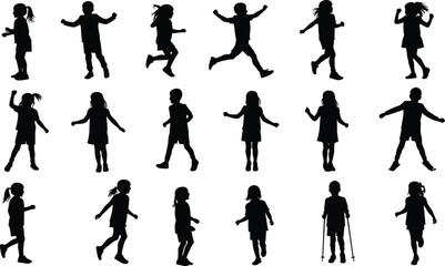 Silhouettes of children playing, running, walking, and jumping, active kids in motion, black shadow figures of boys and girls on white background, childhood energy