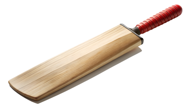 Wooden cricket bat with red grip, isolated on transparent background, showcasing the equipment used in the sport - Powered by Adobe