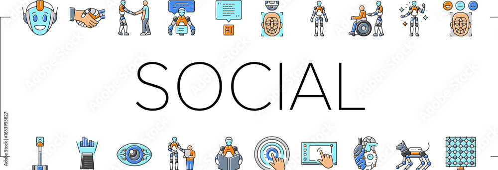 Poster social robotics ai interaction icons set vector