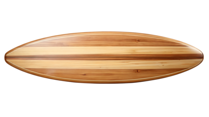 Closeup of a wooden surfboard with a bamboo texture and natural grain isolated on transparent background