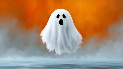 Ghostly figure with an open mouth is floating in the air above a body of water. The scene has a spooky and eerie mood, with the ghostly figure and the foggy atmosphere creating a sense of unease