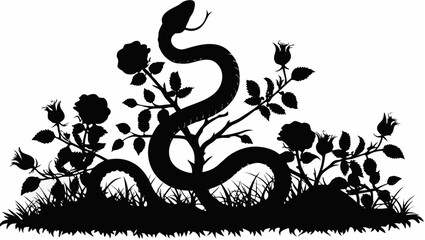 Obraz premium Silhouette of a snake coiled around a rose bush with grass and leaves in a black and white illustration
