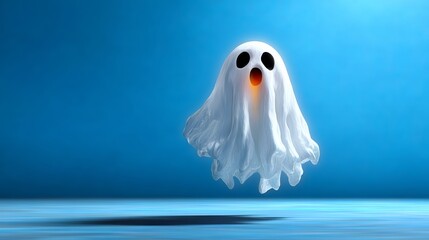 Ghost is floating in the air with its mouth wide open. The ghost is white and has two black eyes. The image has a spooky and eerie mood, as the ghost appears to be in a state of shock or surprise