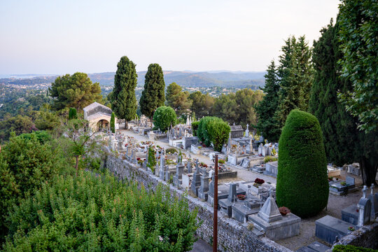 Historic cemetery with graves and cypress trees in Saint Paul de Vence Provence France