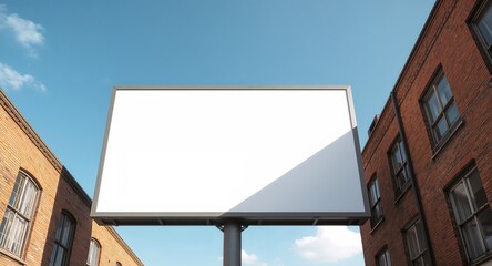 Blank Billboard Mockup Under a Clear Blue Sky with Brick Buildings Around It.