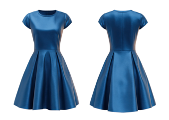 Front and back view of a  cobalt blue, short, pleated dress