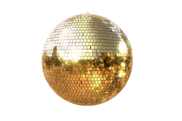 Gold disco ball, perfect sphere, reflecting light