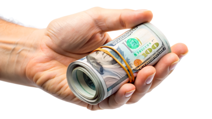 Hand holding a roll of hundred dollar bills secured with a rubber band isolated on transparent background