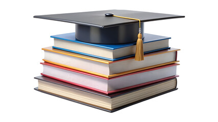 Stack of books with a graduation cap on top isolated on transparent background, representing education and academic achievement