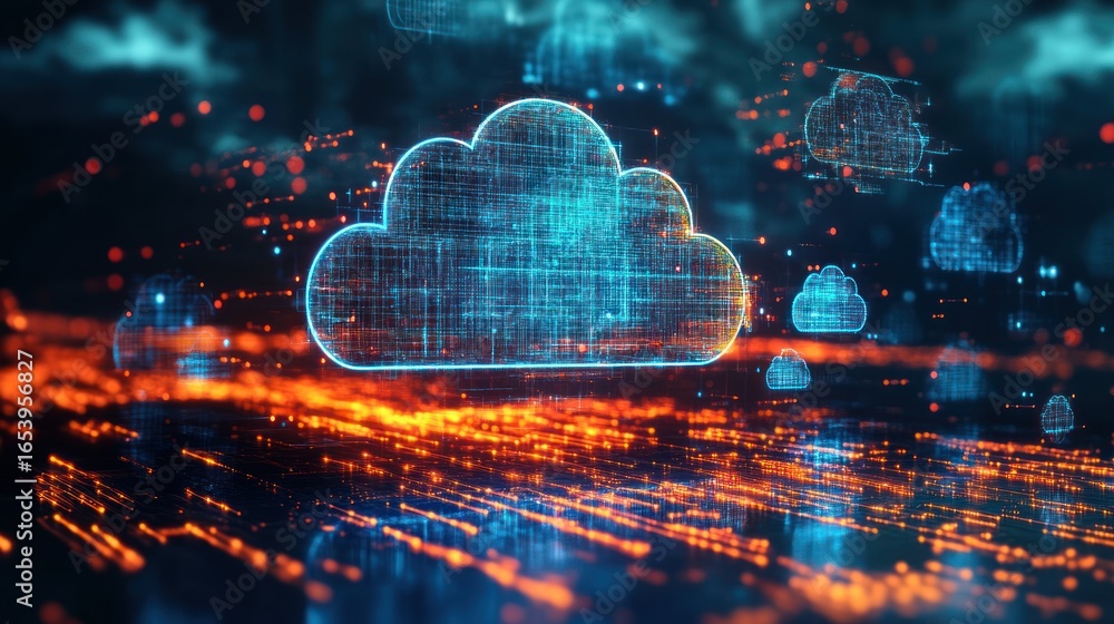 Poster digital cloud icon representation against a data stream background.