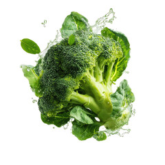 Fresh broccoli head with leaves and water droplets