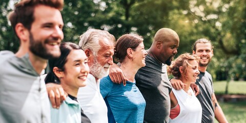 Diverse group of people outdoors, smiling and embracing. Mixed gender and ethnicity, enjoying nature. Happy, diverse, and united in a park setting. Diverse people group in park outdoor.