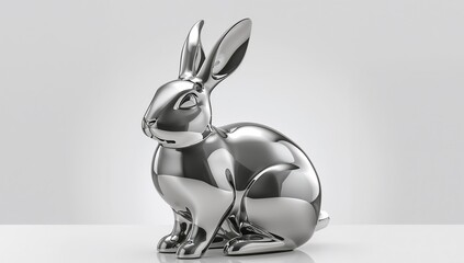 Chrome Rabbit Sculpture on White Background, Modern Art Decoration, Elegant, Shiny