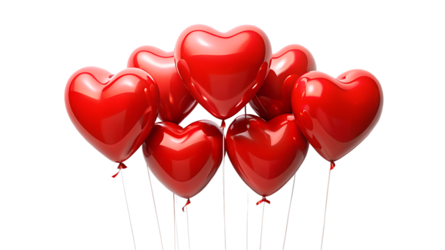 Group of red heart balloons isolated on transparent background, ideal for valentines day or any romantic occasion of love