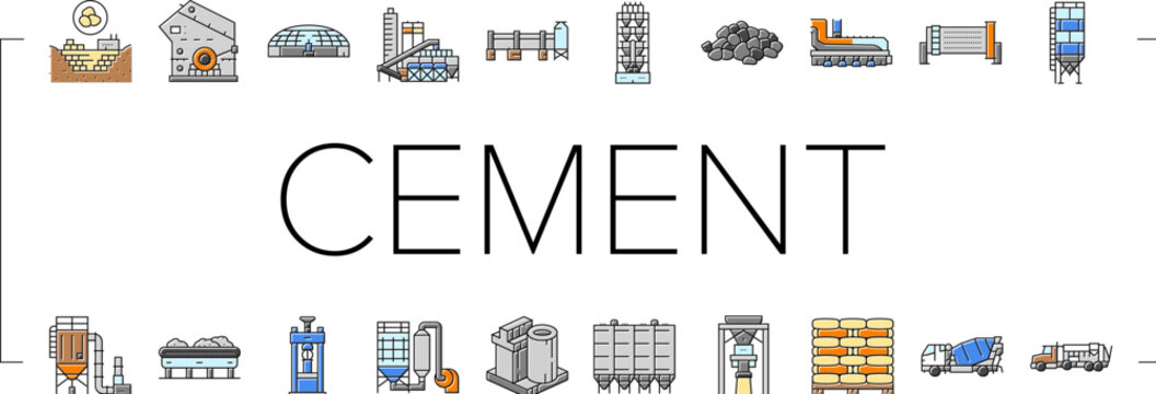 cement production gypsum icons set vector