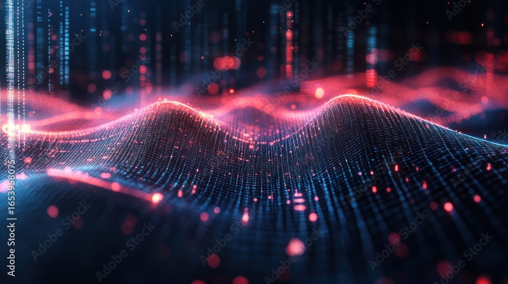 Poster a dynamic digital landscape of glowing particles, showcasing complex waves and patterns of light.