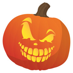 A spooky Halloween illustration of an orange pumpkin with a carved, menacing yellow face on a white background.
