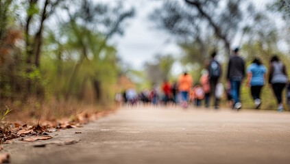 Park path with walkers blurred