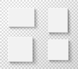 Set of closed white gift boxes, top view. Realistic square paper containers or carton package mockups. Isolated design templates for branding or presentation.