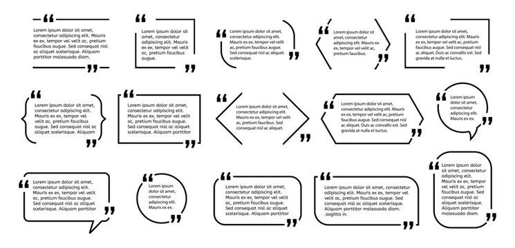 Set of various quote box templates with quotation marks. Different speech bubble shapes for text, isolated on white background. Perfect for posts or messages.