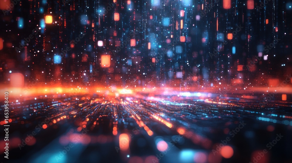 Poster a dynamic digital landscape filled with vibrant colors and glowing particles, showcasing a futuristi