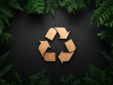 Cork Recycle Symbol Surrounded by Ferns on Dark Textured Background Sustainable Concept - Powered by Adobe