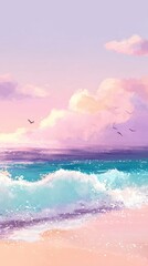 Pastel beach sunset, soft waves, dreamy sky