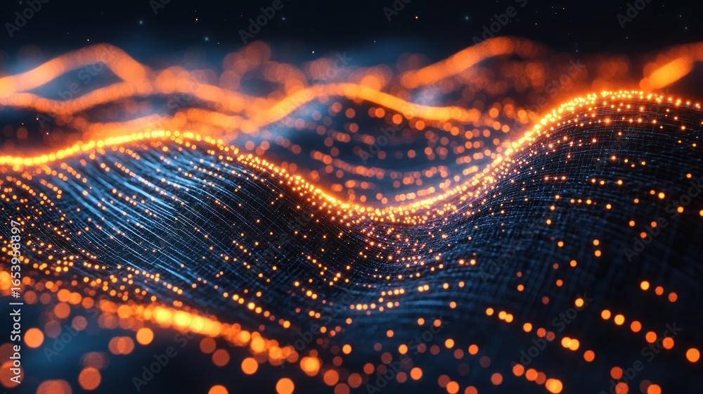 Poster a dynamic, textured surface displays undulating patterns of luminous orange dots against a deep navy